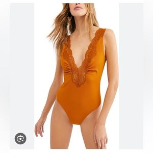 Free People Mustard Gold lace deep v neck body suit